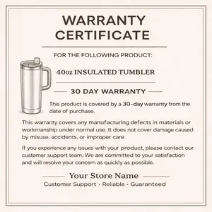 30-Day Warranty Certificate Card for 40oz Insulated Tumbler – Product Guarantee & Customer Support Insert