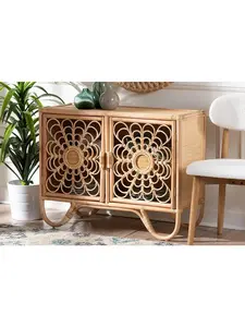 Bali & Pari 193271471782 27.80 x 36.20 x 14.40 in. Acelin Natural Rattan Handcrafted Boho Accent Console Storage Cabinet with Floral Woven Doors, Natural