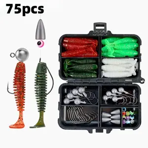 75Pcs Lure Soft Bait Tackle Set, Complete Texas Rig Kit with Offset Hooks, Sinkers & Jig Hooks for Predatory Fish Fishing