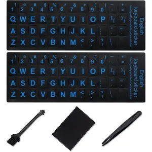 English Keyboard Sticker[5 in 1],Super Clear Large Print Keyboard Sticker with Bold Blue Lettering  Black Background,Durable Keyboard Alphabet Sticker for Laptop Desktop