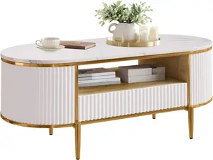Gaomon 48in White Modern Fluted Edge Oval Form Coffee Table with Drawer, Curved Profile, Metal Base & Sturdy Legs, Stylish Functional Living Room Centerpiece