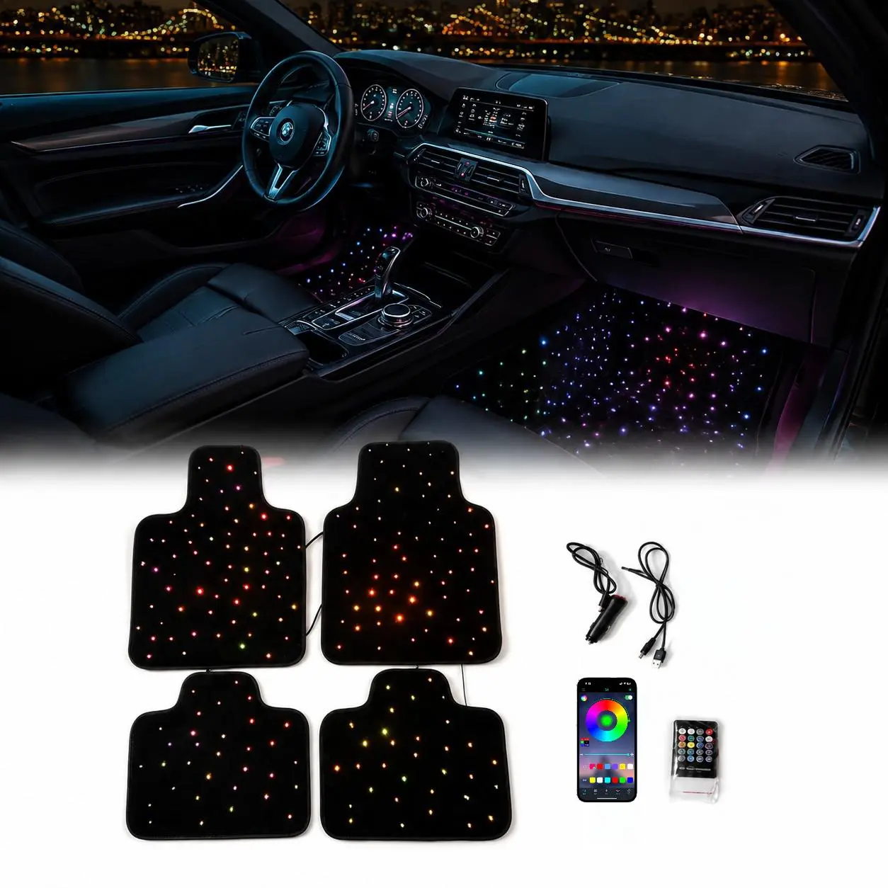 Fccemc Universal Fiber Optic Twinkle Stars Car Mats - Waterproof Under-Seat LED Light Strips Floor Mats, Auto Accessories with APP Remote Control Light Effect, Vehicle Car Interior Accessory