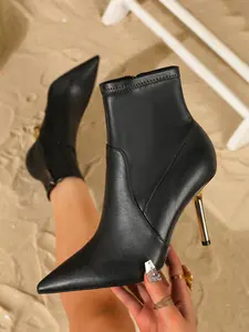 Women's Fashion Elegant Pointed Toe Stiletto High Heels, PU Leather Ankle Boots with Side Zipper, All Season Sexy Style