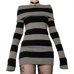 Women’s Striped Off Shoulder Knit Sweater Dress Long Sleeve Bodycon Dress