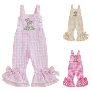 Toddler Baby Girls Easter Suspender Overalls Outfit Ruffled Sleeveless Gingham Bunny Embroidery Bow Romper Bell Bottoms Jumpsuit