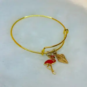Key West Gold Collection Women’s Bangle Charm Bracelet- Flamingo and Seashell