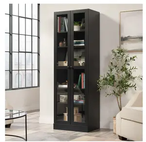 Glass Door Storage Cabinet Bookcase, Black Finish