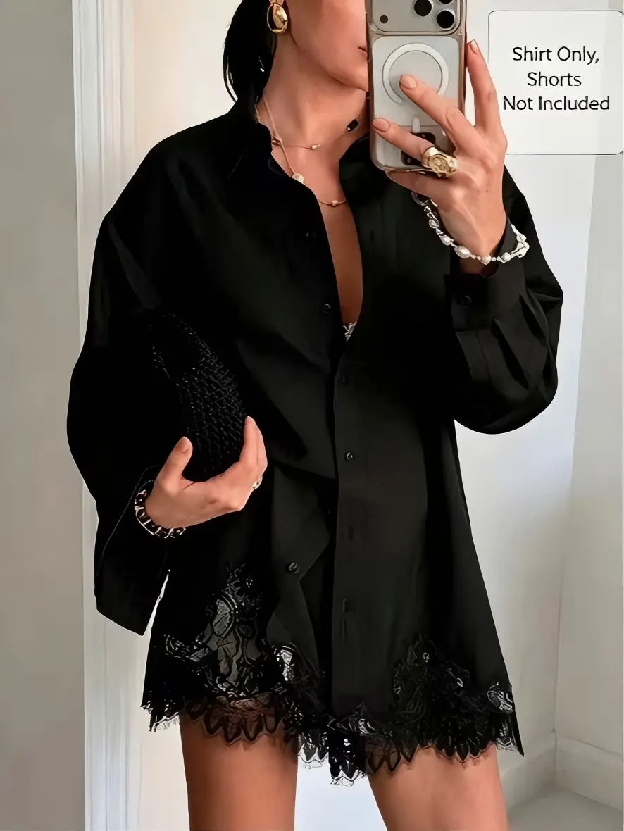 Women Blouse Multi Color Collared Button Down Long SleeveOversized Loose Fit Shirt Hem Lace Trim Splicing Tunic Top ForDaily Going Out Dating Brunch Vacation Weekend Casual Outfit