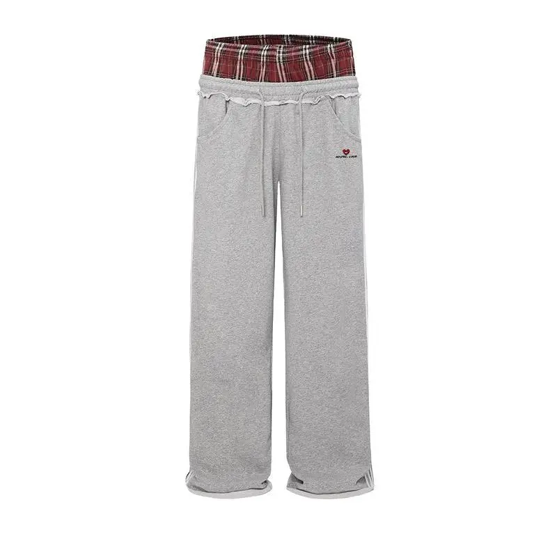 Women's Fashion Cotton Comfortable Loose Long Pants - Double Waist Plaid-Stripe Print Patchwork, Baggy Wide Leg, Multi Pockets for Everyday Casual Wear