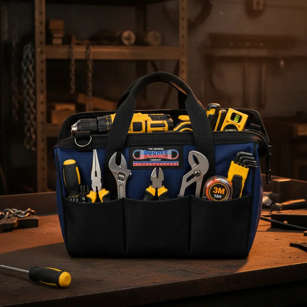 Heavy Duty Tool Tote Bag - 16-Pocket Contractor Organizer for Contractors, Tow Strap Towing, Emergency Towing, Vehicle Recovery
