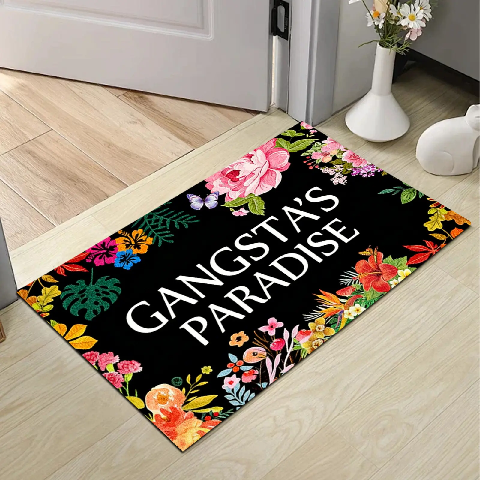 Gangsta's Paradise Funny Floral Welcome Mat, Black Non-Slip Low Profile Dollar-Inspired Motif Rug, Diatom Mud Anti-Shrink Machine Wash Durable Decorative Mat for Front Door Housewarming Gift