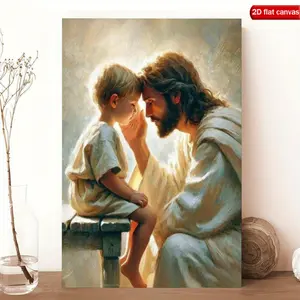 Savior Jesus Wall Art - Framed canvas featuring Christ with children and a Bible verse; natural wood frame; suitable for Latter-day Saint chapels, bedrooms, and living rooms.