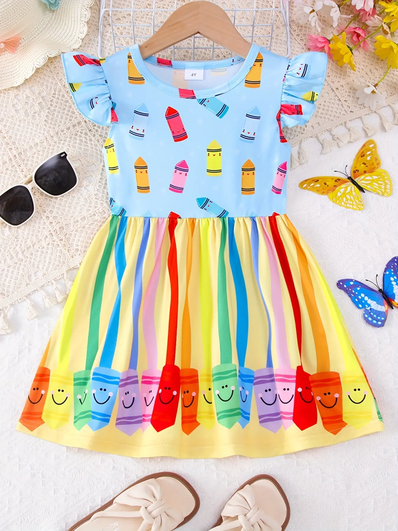 Girls' Back to School Dress, Cute Crayon Print, Summer Dress, Colorful Print Dress, Short Sleeve, Lightweight Fabric, Perfect for Daily Wear, Comfortable & Stylish Design, A Line Dresses