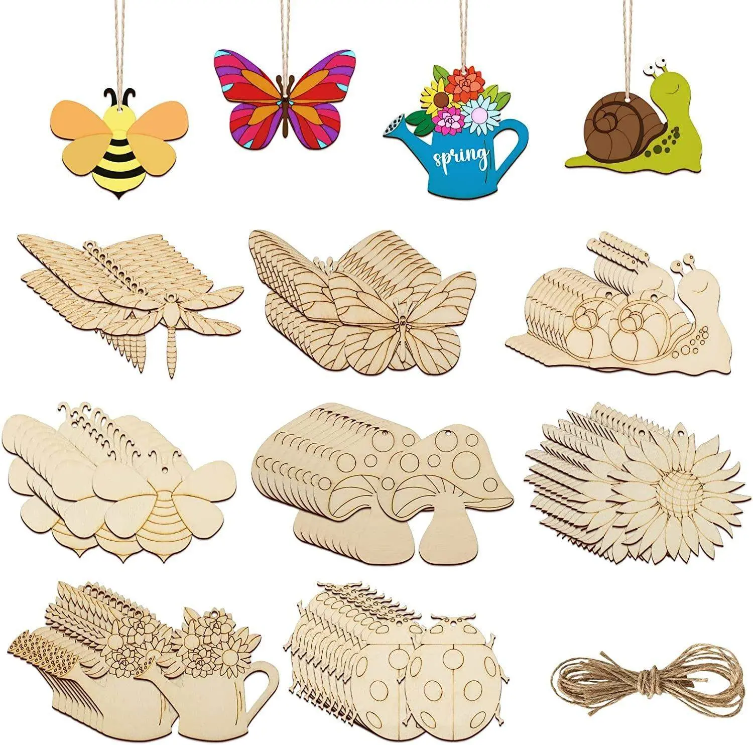 80PCS Wooden Spring Ornaments to Paint, 8 Styles DIY Blank Unfinished Wood Cutouts