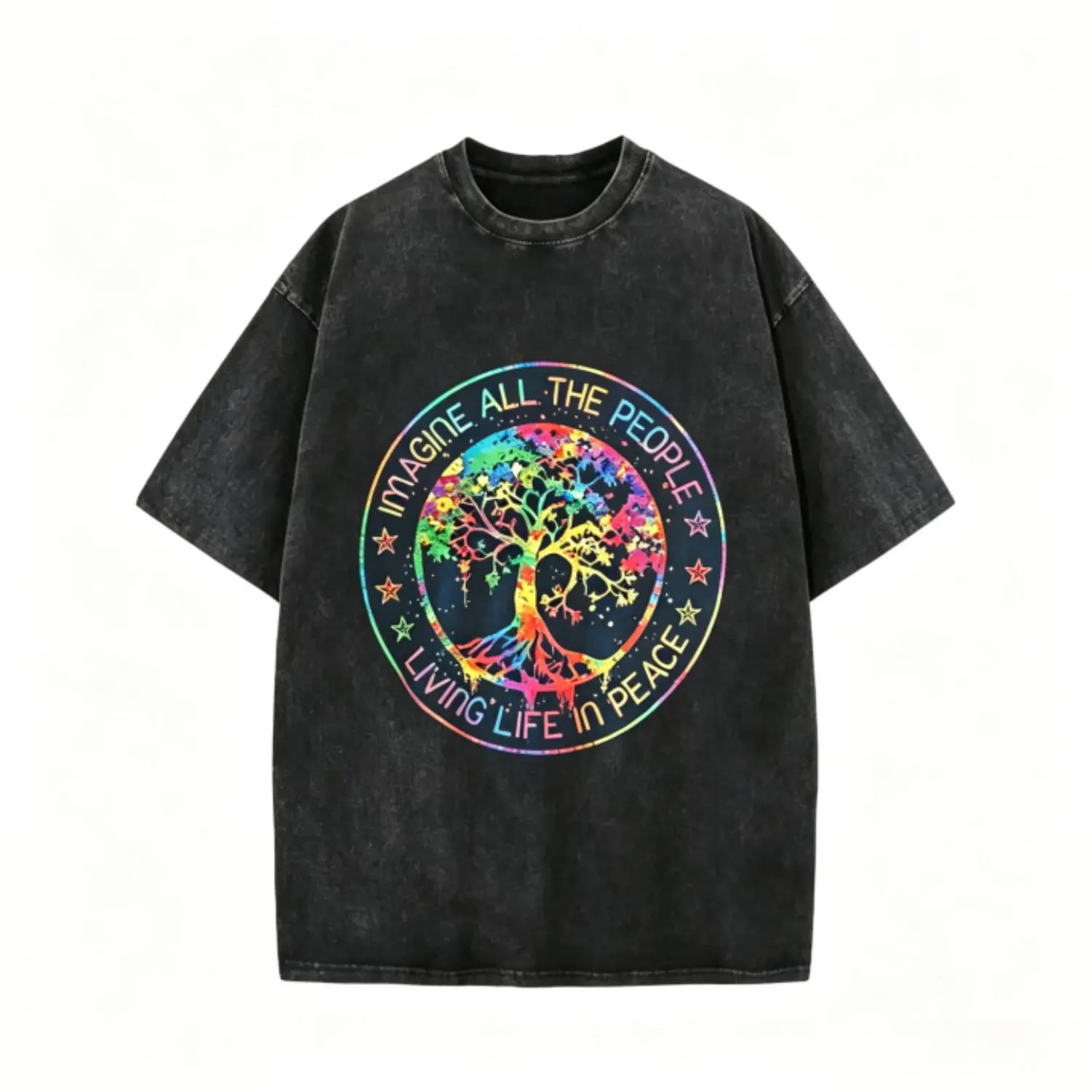 2026 New Limited Edition Menswear Casual Short-Sleeve Top - Hippie Tie-Dye T-Shirt with "All The People Imagine Living Life in Peace" Print, Unisex Design, Pure Fabric