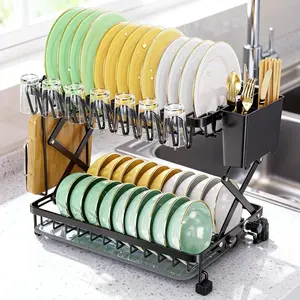 2-Tier Dish Racks for Kitchen Counter, Stainless Steel Kitchen Dish Drying Rack Large Dish Drainers for Kitchen Counter, Can Hold Tableware, Carbon Steel Material, Kitchen Storage Rack