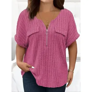 [Plus Size] Solid Half Zipper Pocket Ribbed Tee, Casual Half Sleeve T-shirt for Spring, Women's Clothing for Daily Wear(gift)