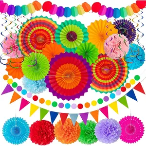 35 count Fiesta Paper Fan Party Decorations Set - Cinco De Mayo Pom Poms,Pre-assembled Pennant,Garland String,Banner, Swirls Hispanic Heritage Month Decor Supplies,Multicolored