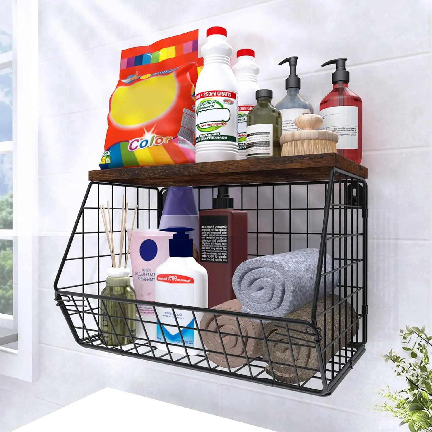 Laundry Room Shelves Wall Mounted with Storage Basket - Stackable Wire Wall Shelves Organizer for Towels, Detergent, Tissues |   Space-Saving Over Washer & Dryer, Small Spaces(11.8"Wx7.9"Dx8.5"H)