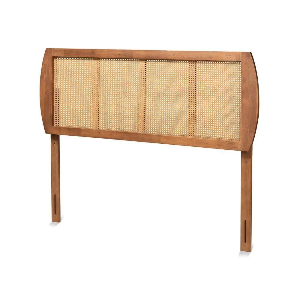 Harris Mid-Century Modern Ash Walnut Finished Wood and Synthetic Rattan Full Size Headboard