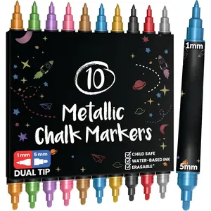Tip Liquid Chalk Markers for Blackboard (10 Metallic Colors, 1mm+5mm Fine, Bold) - Dry Erase Marker Pens for Chalkboards Signs,  Windows, Glass, Mirrors - Erasable Chalkboard Markers