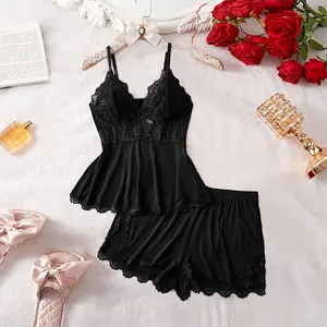 Women Pajama Set Lace Trim Short PJ Set Modal V Neck Sleeveless Sleepwear Nightwear