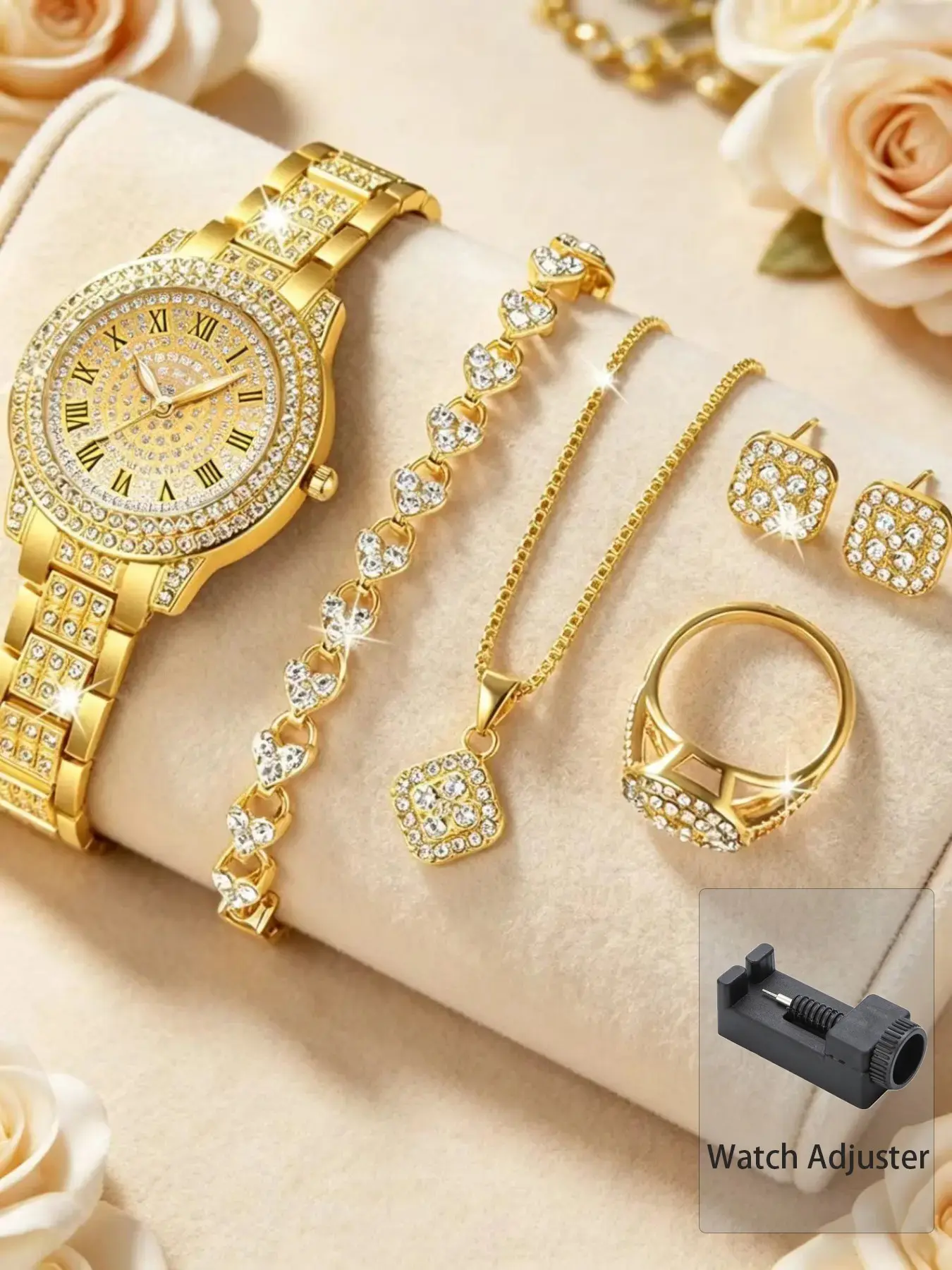 6pcs Luxury & Elegant Women's Quartz Trendy Watch Set, Gold Plated Matching Jewelry Set Inlaid With Diamonds (Including Watch, Bracelet, Necklace, Earrings And Ring)