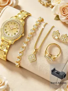 6pcs Luxury & Elegant Women's Quartz Watch Set, Gold Plated Matching Jewelry Set Inlaid With Diamonds (Including Watch, Bracelet, Necklace, Earrings And Ring)