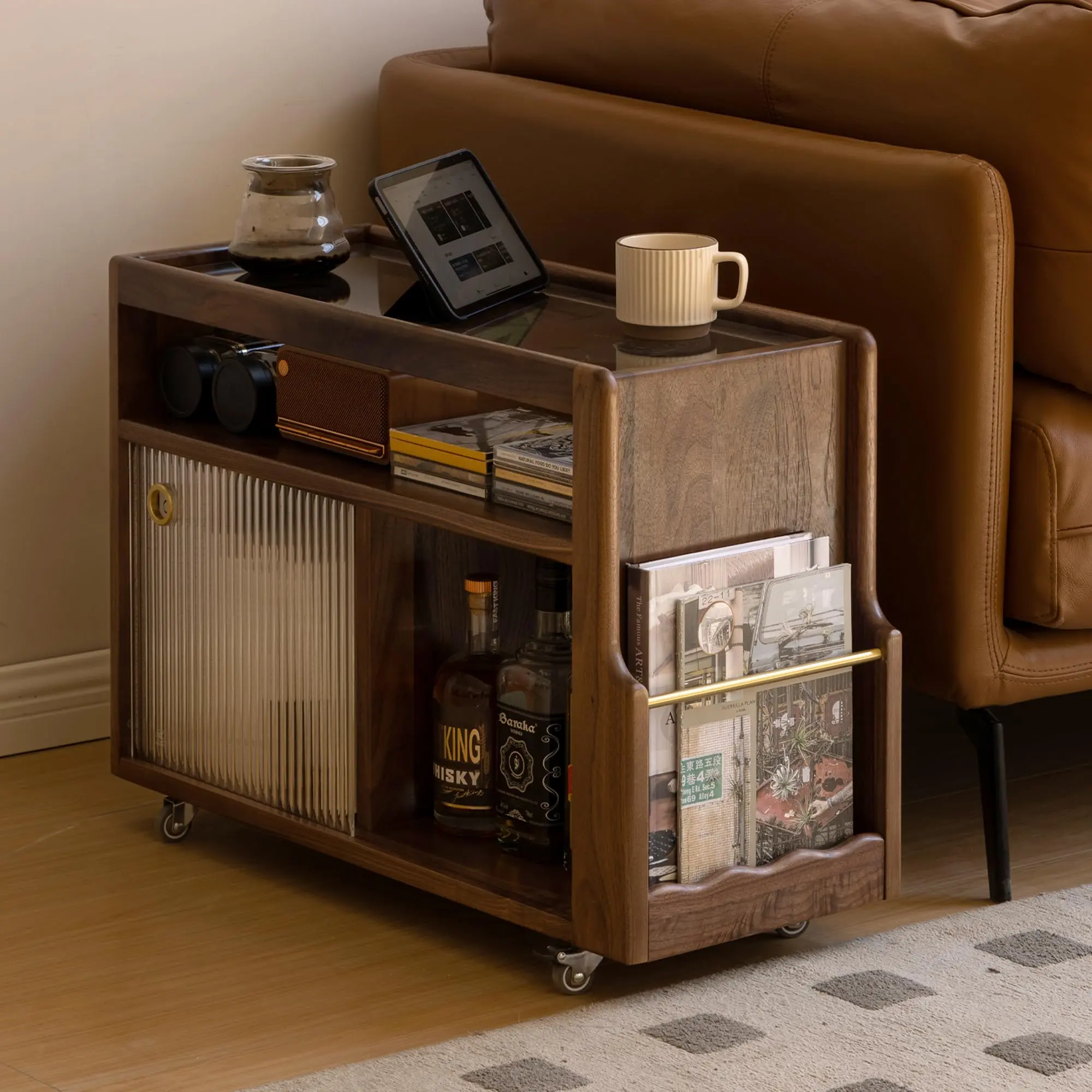 YESWOOD Solid Wood Narrow Contemporary End Table - 1-Touch Lock, Swivel Wheels, Storage - Modern Wood Nightstand Table, Bedside Cabinet for Bedroom, Living Room (27.95" D x 11.42" W x 19.88" H)