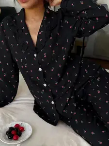 Women's Sleepwear Set, Floral Print Ruffle Long Sleeve Pajamas, Open Front Collar Comfortable Nightwear, Soft Button-Up Top & Elastic Waist Pants, Loungewear