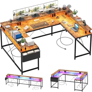 Flash sale home items U Shaped Desk, 126 Inch Gaming Desk with Monitor Stand and LED Lights, Reversible Shaped Large Computer Desk with Power Outlets, Office Desk with Storage Bag and Hooks, Vintage