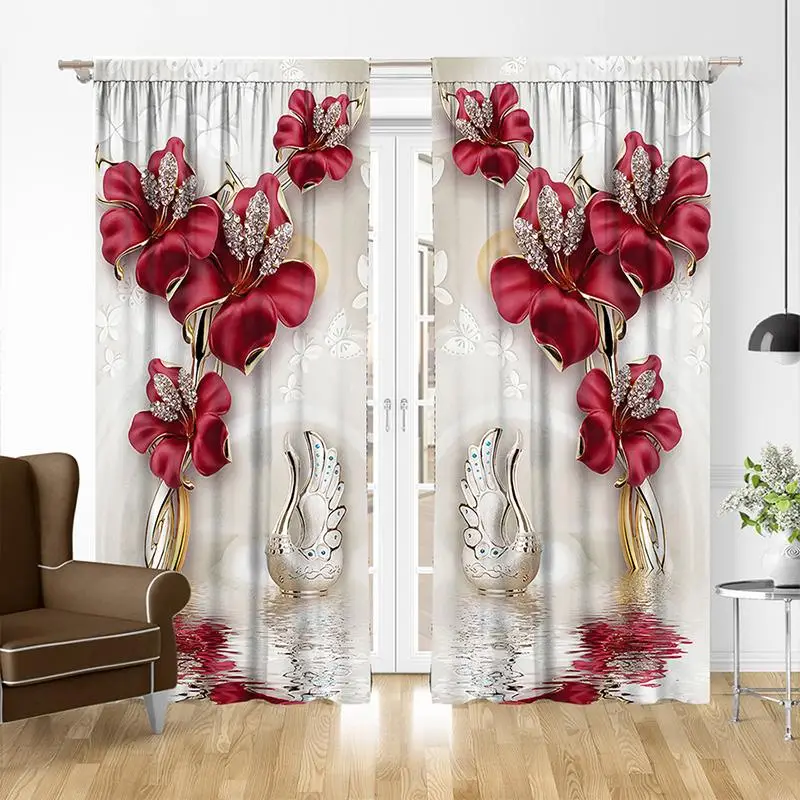 Floral & Swan Print Curtain, 2 Counts Modern Rod Household Curtains, Decorative Window Curtain for Home, Christmas Decor, Fall Decor, Christmas Gifts,