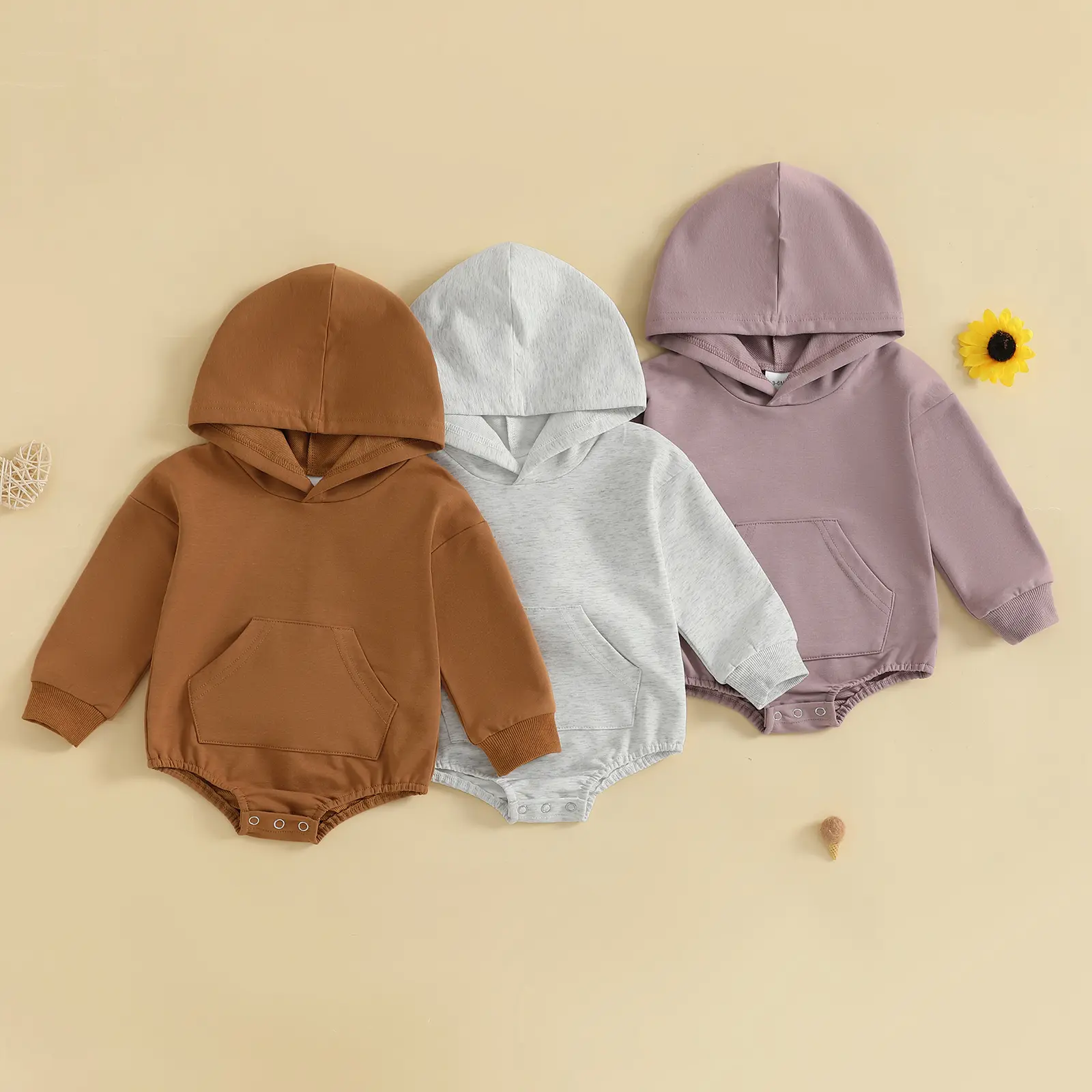 Newborn Baby Boys Girls Hooded Sweatshirt Long Sleeve Hoodie Solid Front Pocket Romper Infant Baby Fall Winter Spring Outfits