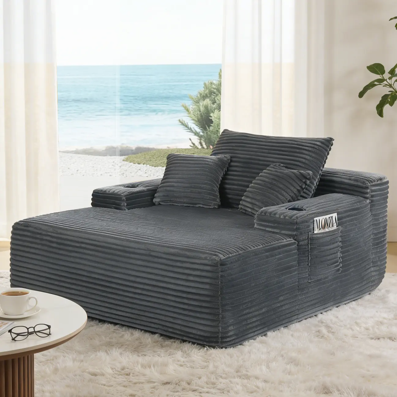 Niccae NEW Convertible Chaise Lounge Chair Plush with Wide Armrest & Throw Pillows, Cozy Boneless Sleeper Sofa Bed Armchair,with cup holder, for Living Room, Bedroom, No Assembly Required,Grey