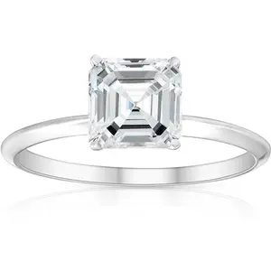 2Ct Asscher Solitaire Moissanite Engagement Ring in White Yellow or Rose Gold