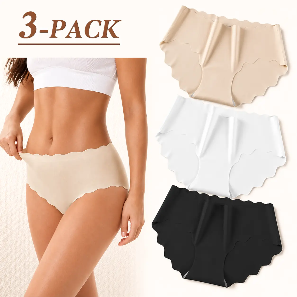 3 Pack Seamless No Show Women Underwear, Scalloped Wavy Laser Cut Edge Mid Rise Briefs, Cooling Ice Silk Invisible Panties with 100% Cotton Gusset, Stretch Anti Rolling Undies for Yoga Leggings Daily Wear