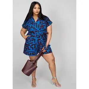 Asale Women's African Print Romper (Fig Blue Geometric)