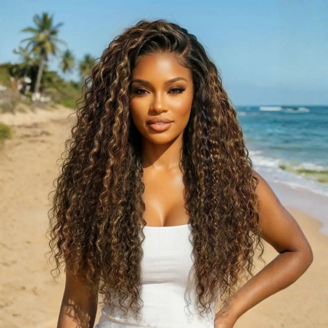 Nadula Highlight Balayage Water Wave Black With Sun Kissed Golden Blonde 7x5 Lace Closure Brown Blonde Mix Beach Wet Wavy Curls Glueless Pre Bleached Knots Drawstring Lace Wig
