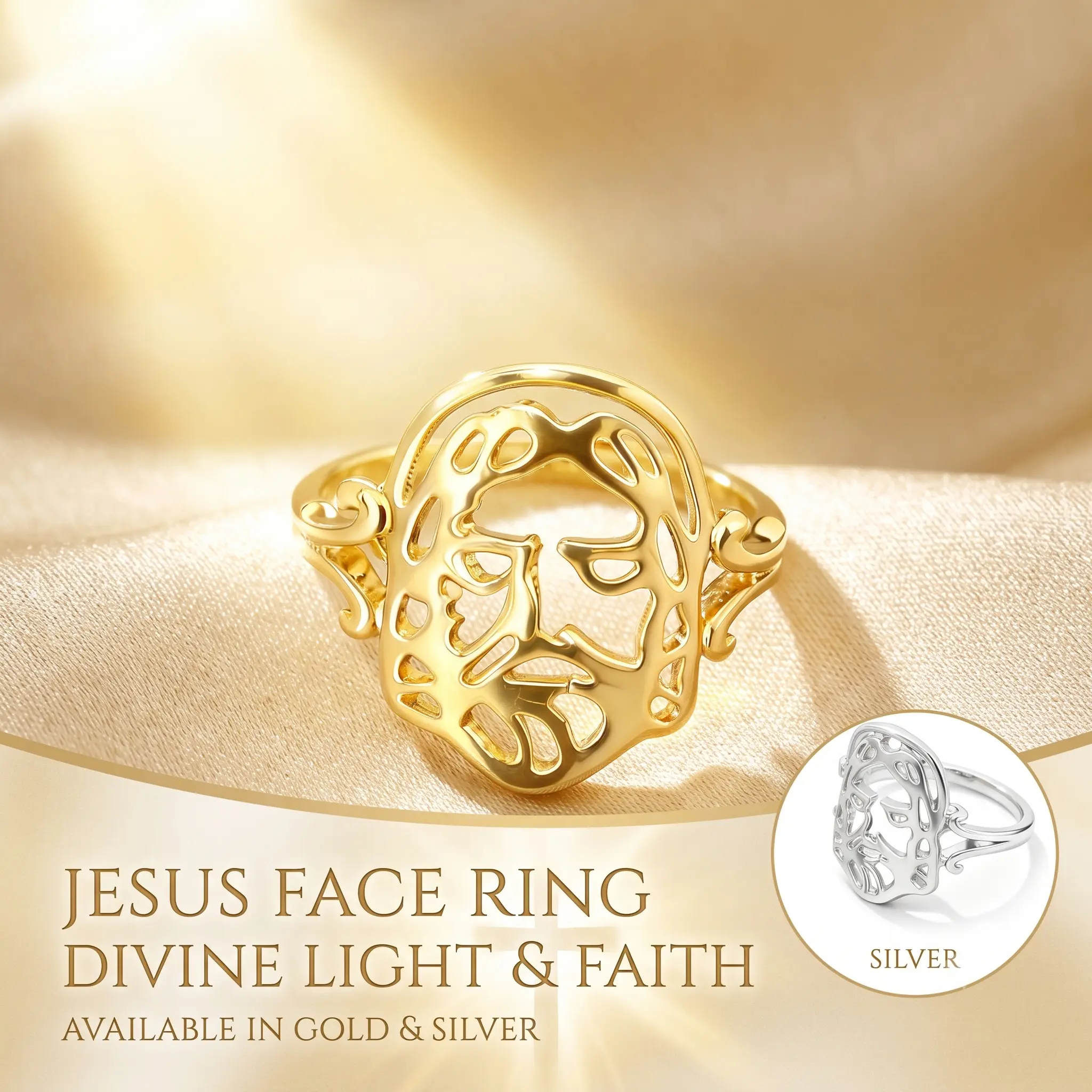 OLDT Divine Jesus Contour Ring, 14K Gold Plated God's Love Christian Band, Religious Fellowship Gift & Spiritual Jewelry (Sizes 6-9)
