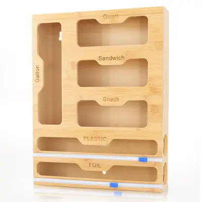 Bamboo Plastic Bag Organizer for Kitchen Drawer, Resealable Bag & Foil Wrap Holder, 6 In 1 Plastic Wrap Organizer, 16.5" x 13" x 3.3", Eco-Friendly Kitchen Cabinet Organizer,dorm essentials,home decor