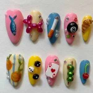 S50 Nailed by Vibe - Funky 3D Press-On Nails, Balloon Dog, Dice, Playing Cards, Croissant & Cherry, Cartoon Vibes, Glossy Finish, Handmade Nail Art, Gift for her