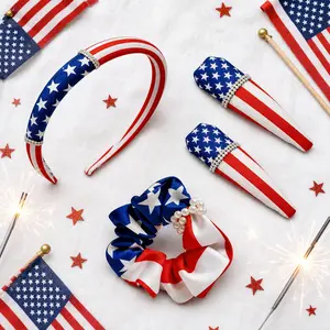 2026 Patriotic Hair Accessories Set, American Flag Headband with Rhinestone Trim, Satin Scrunchie, Hair Clips, Red White Blue Stars Stripes, Fourth of July Gift for Women Girls #   kid teen girl