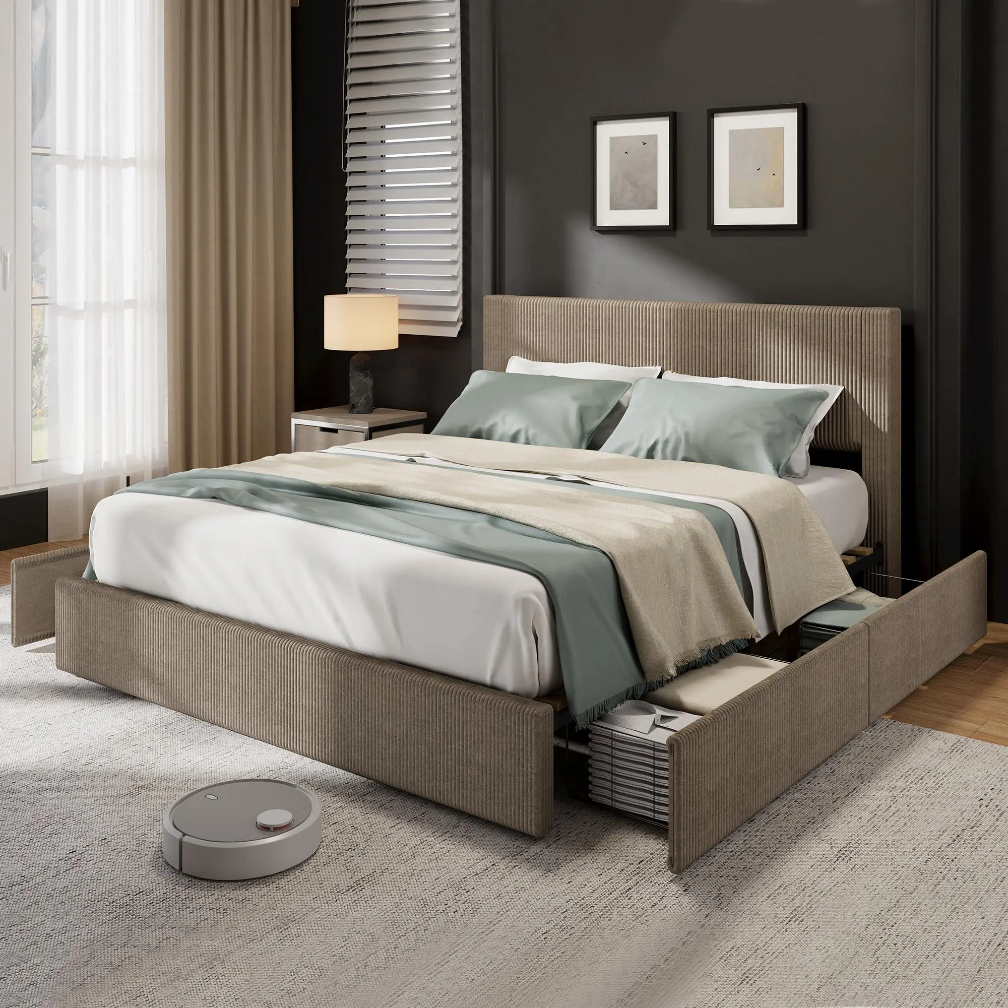 Garvee Brown Queen Bed Frame with Tufted Wingback Headboard, Platform Corduroy Upholstered Bed Frame with 4 Storage Drawers and Wooden Slats Support, No Box Spring Needed