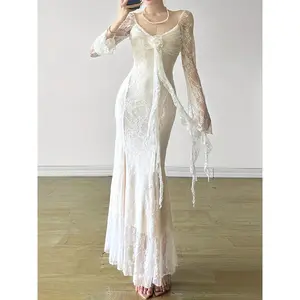 Women's Plain Floral Lace RuchedRibbon Sheer Mermaid DressValentine's Day Elegant SweetheartNeck Flounce Sleeve Dress for PartyHoliday Wedding Guest, Gift, FormalDresses, Ladies Clothes for AllSeasons, Dresses for Women