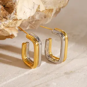 18K Gold Plated Dual-Tone Square Hoop Earrings - Bold Design with Seamless Contrast in Gold and Silver