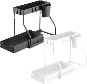 2 Tier Pull Out Under Sink Organizer, Expandable Sliding Cabinet Storage Rack with Drawer & Hooks, Adjustable Under Cabinet Organizer for Kitchen Bathroom Pantry, Space Saving Sink Shelf for Cleaning Supplies