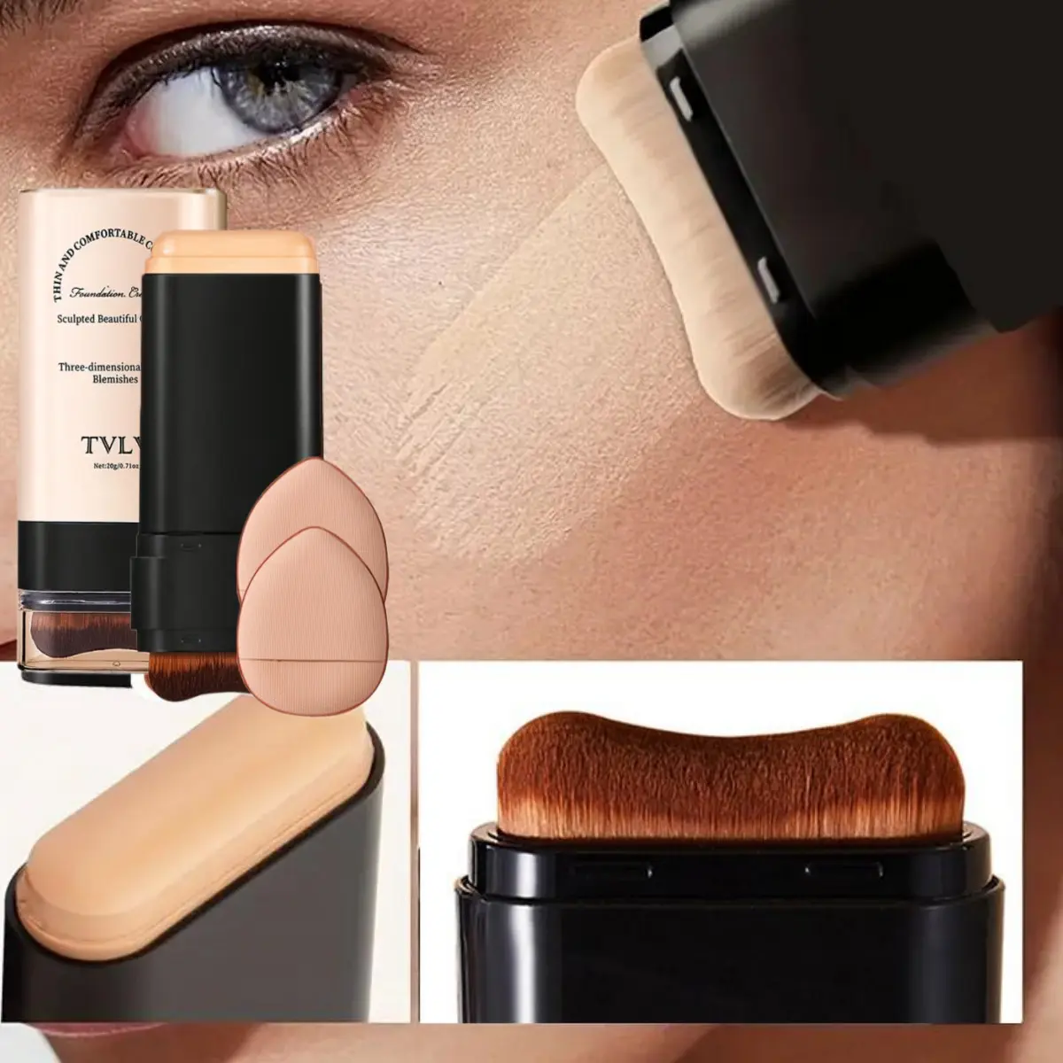 Dual-Ended Concealer Foundation Stick, Cosmetic, Soft Matte Coverage Concealer, Matte Natural Finish, Waterproof Sweatproof Long-Lasting, Includes Brush & 2 Sponges, Covers Dark Circles, Longwearing Waterproof Makeup
