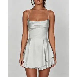 Women's Satin Spaghetti Strap Mini Dress – Backless Ruffled Mini Dress– Perfect for Beach & Party Nights – 2026 Summer Hot Style