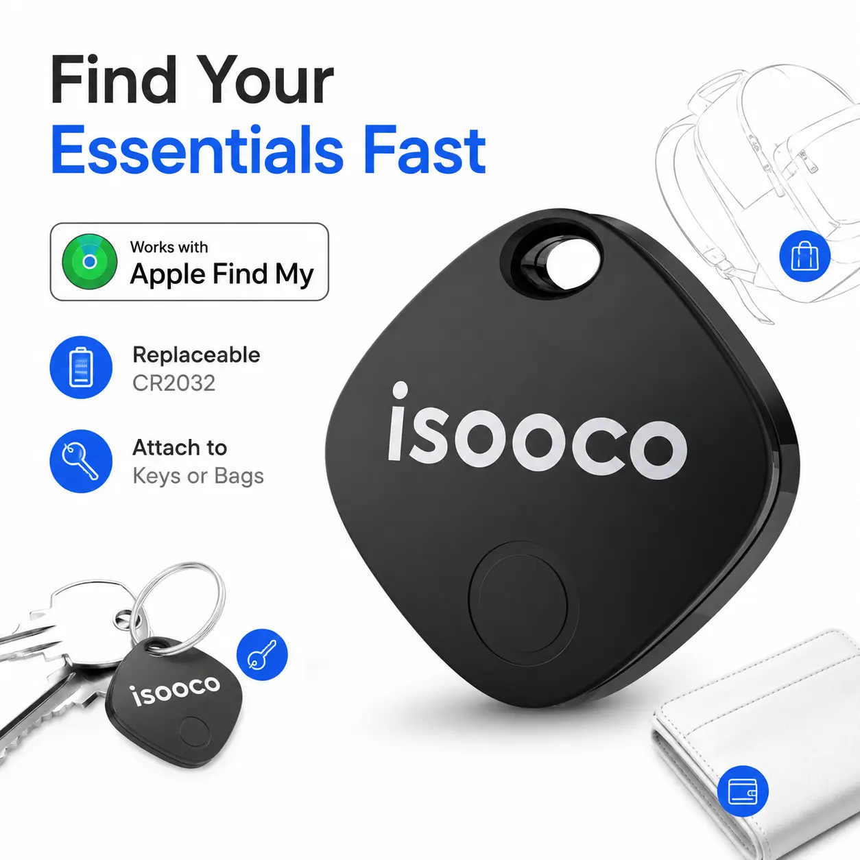 ISOOCO IS2401 Bluetooth Key Finder - Smart Tracker Compatible with Apple Find My (iOS Only), for Keys, Wallet, Bags, with Long-Life Replaceable Battery,Anti-loss device