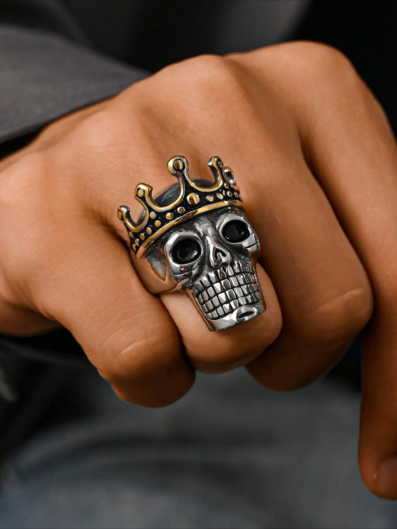 1pc Stainless Steel 18K Gold-plated Inlaid Cubic Zirconia Punk Gothic Skull Pattern Men's Ring Statement Ring Summer Accessory Acquired Style Ring